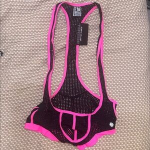 Breedwell Black and Neon Pink Mesh Wrestling Singlet